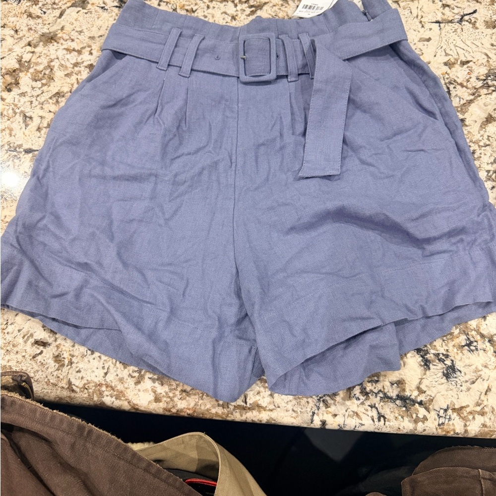 Abercrombie Belted High-Waist Linen Blend Shorts in Light Blue